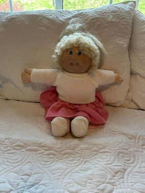 Classic Blonde Cabbage Patch Style Doll in Pink Skirt and White Sweater